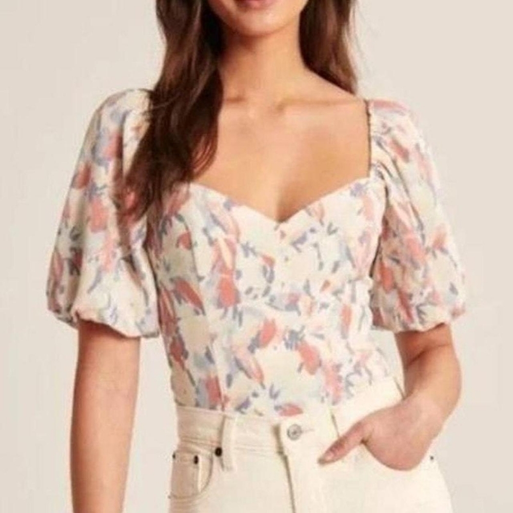 Abercrombie & Fitch Abstract Floral-White Corset Scoop Neck Top - Size S